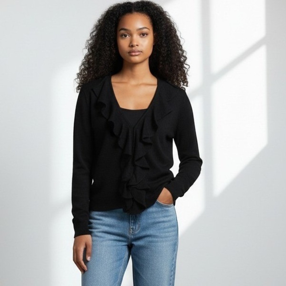 DKNY Women's - 100% Wool - Petite Medium -Sweater- Black -  Waterfall Front - PM